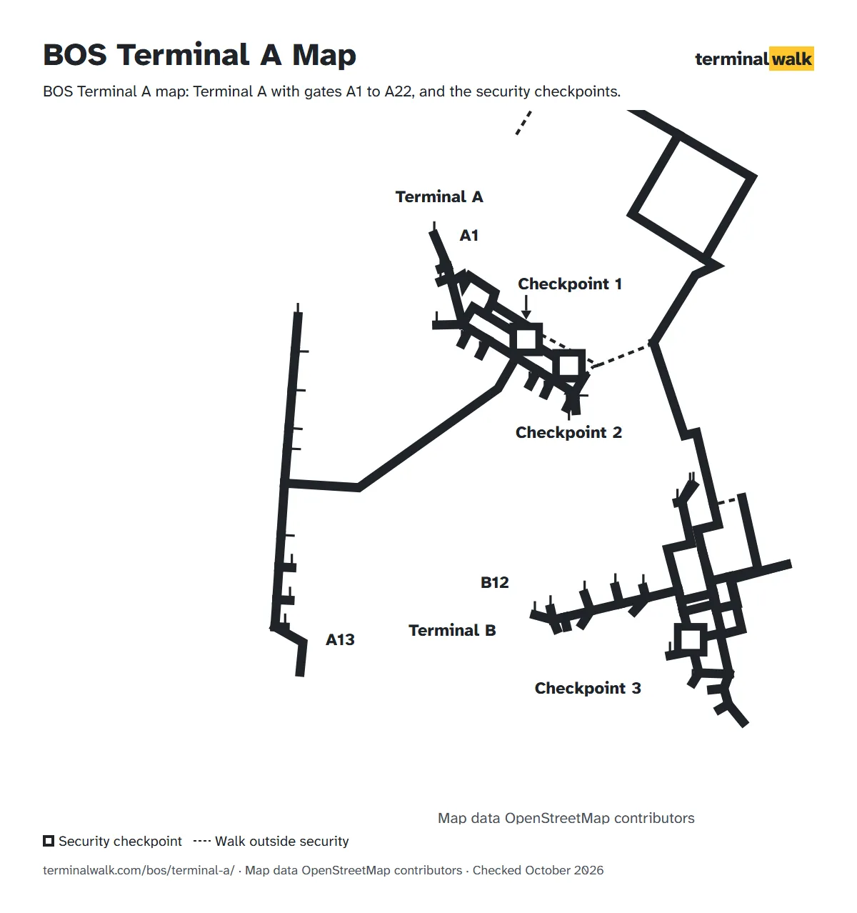 BOS Terminal A map: Terminal A with gates A1 to A22, and the security checkpoints.