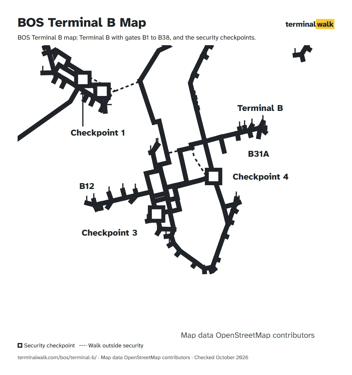 BOS Terminal B map: Terminal B with gates B1 to B38, and the security checkpoints.