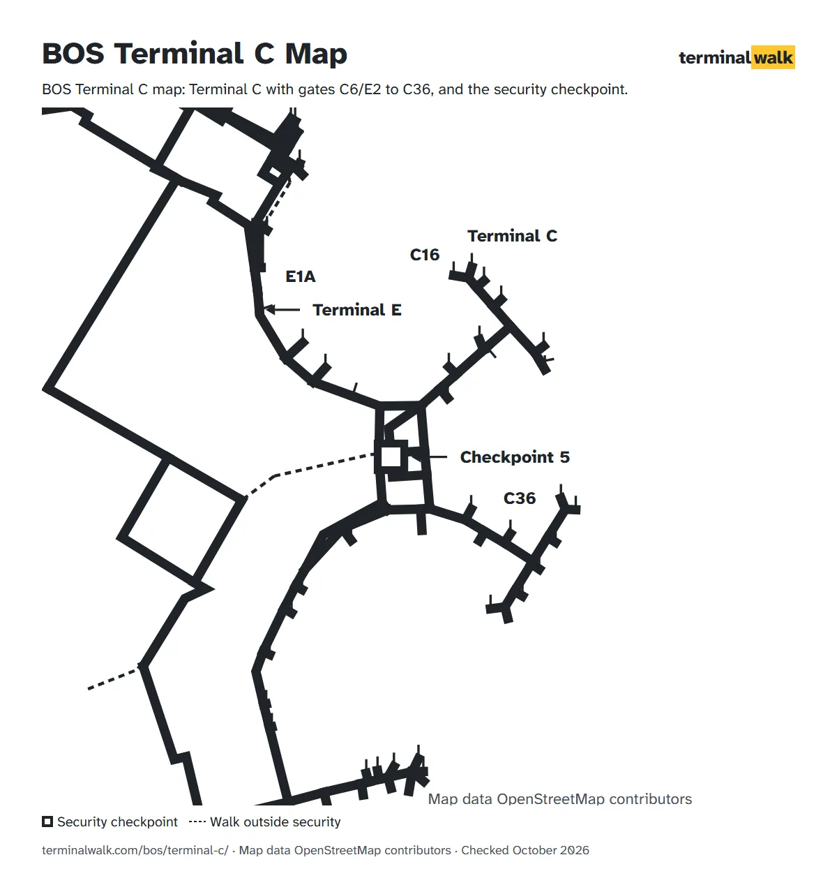 BOS Terminal C map: Terminal C with gates C6/E2 to C36, and the security checkpoint.