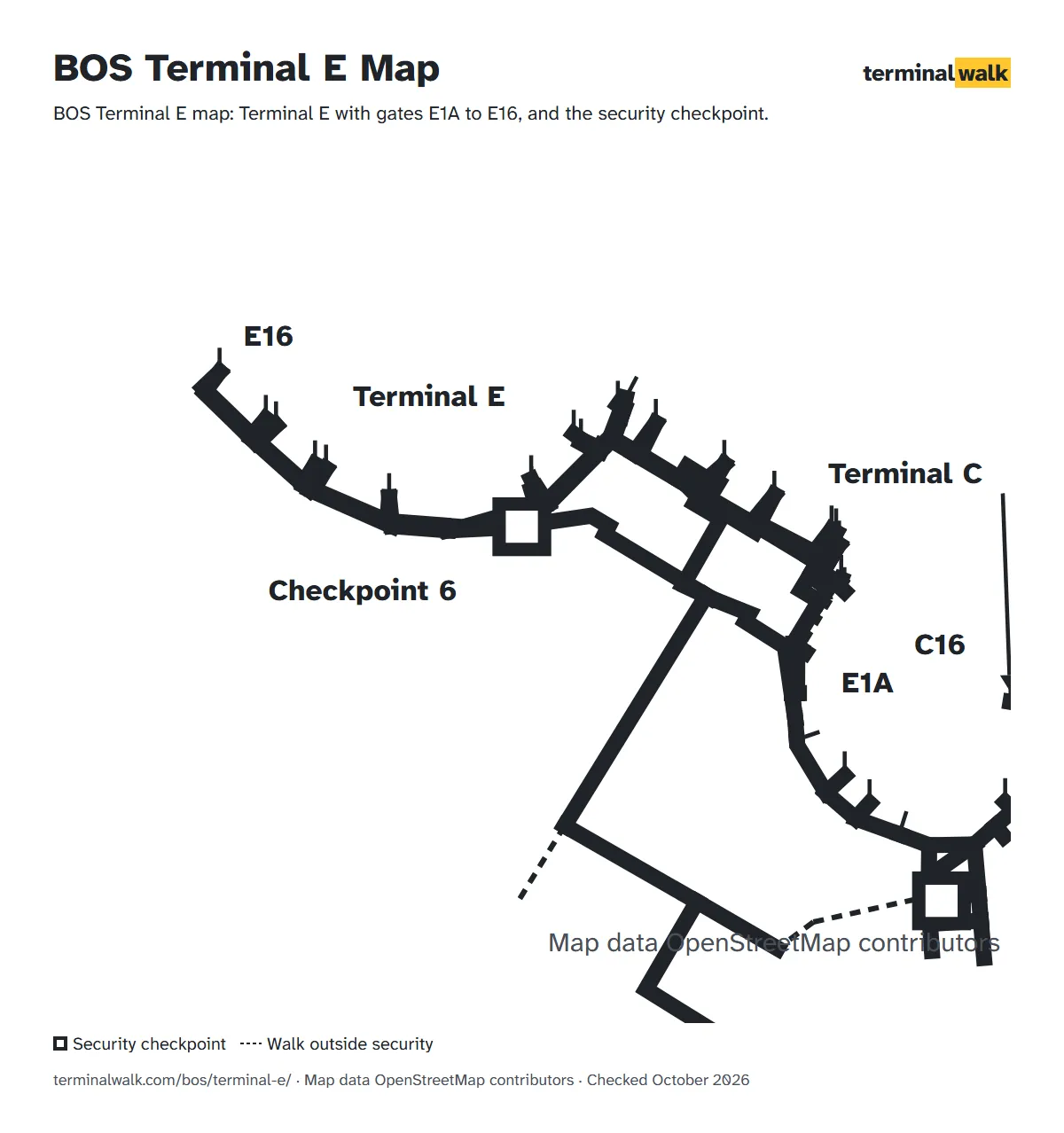 BOS Terminal E map: Terminal E with gates E1A to E16, and the security checkpoint.