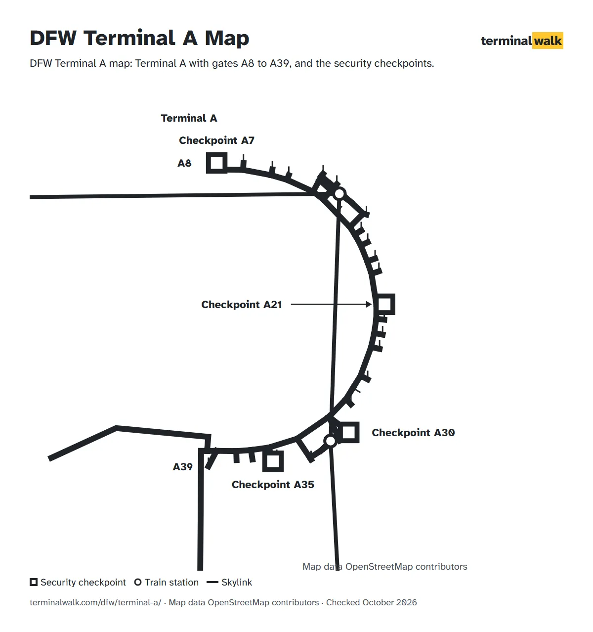 DFW Terminal A map: Terminal A with gates A8 to A39, and the security checkpoints.