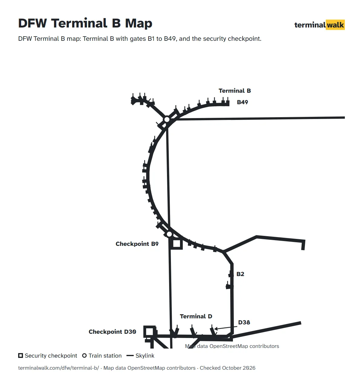 DFW Terminal B map: Terminal B with gates B1 to B49, and the security checkpoint.
