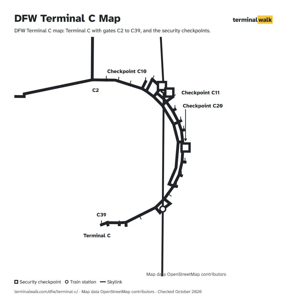 DFW Terminal C map: Terminal C with gates C2 to C39, and the security checkpoints.