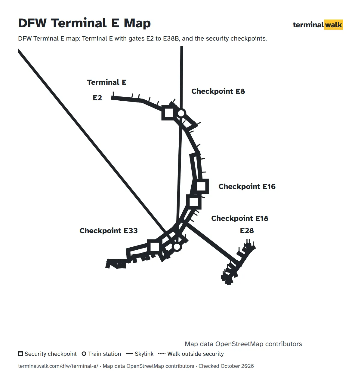 DFW Terminal E map: Terminal E with gates E2 to E38B, and the security checkpoints.