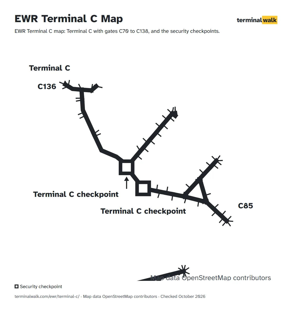 EWR Terminal C map: Terminal C with gates C70 to C138, and the security checkpoints.
