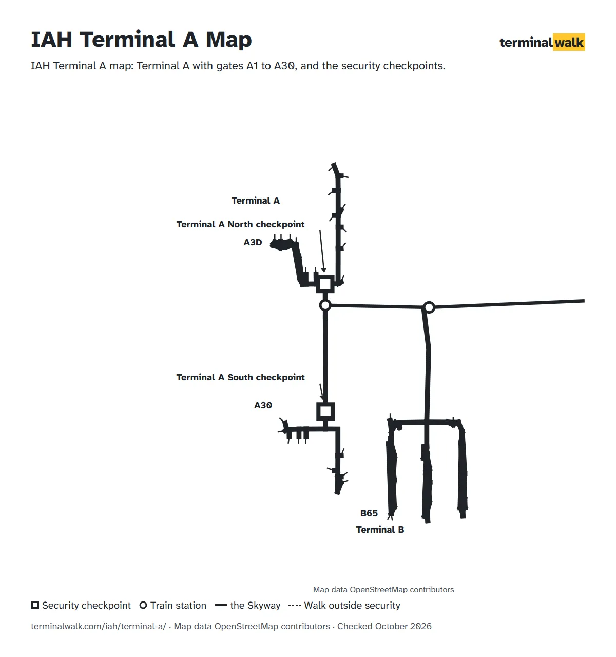 IAH Terminal A map: Terminal A with gates A1 to A30, and the security checkpoints.