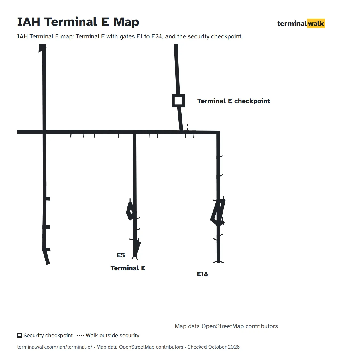 IAH Terminal E map: Terminal E with gates E1 to E24, and the security checkpoint.