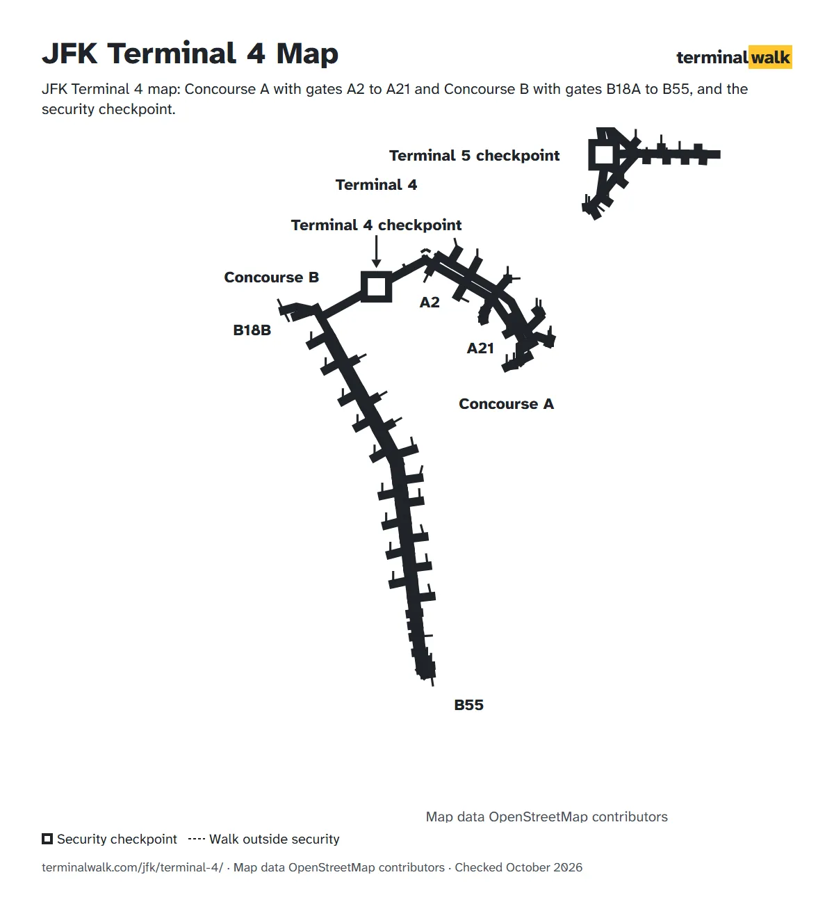 JFK Terminal 4 map: Concourse A with gates A2 to A21 and Concourse B with gates B18A to B55, and the security checkpoint.