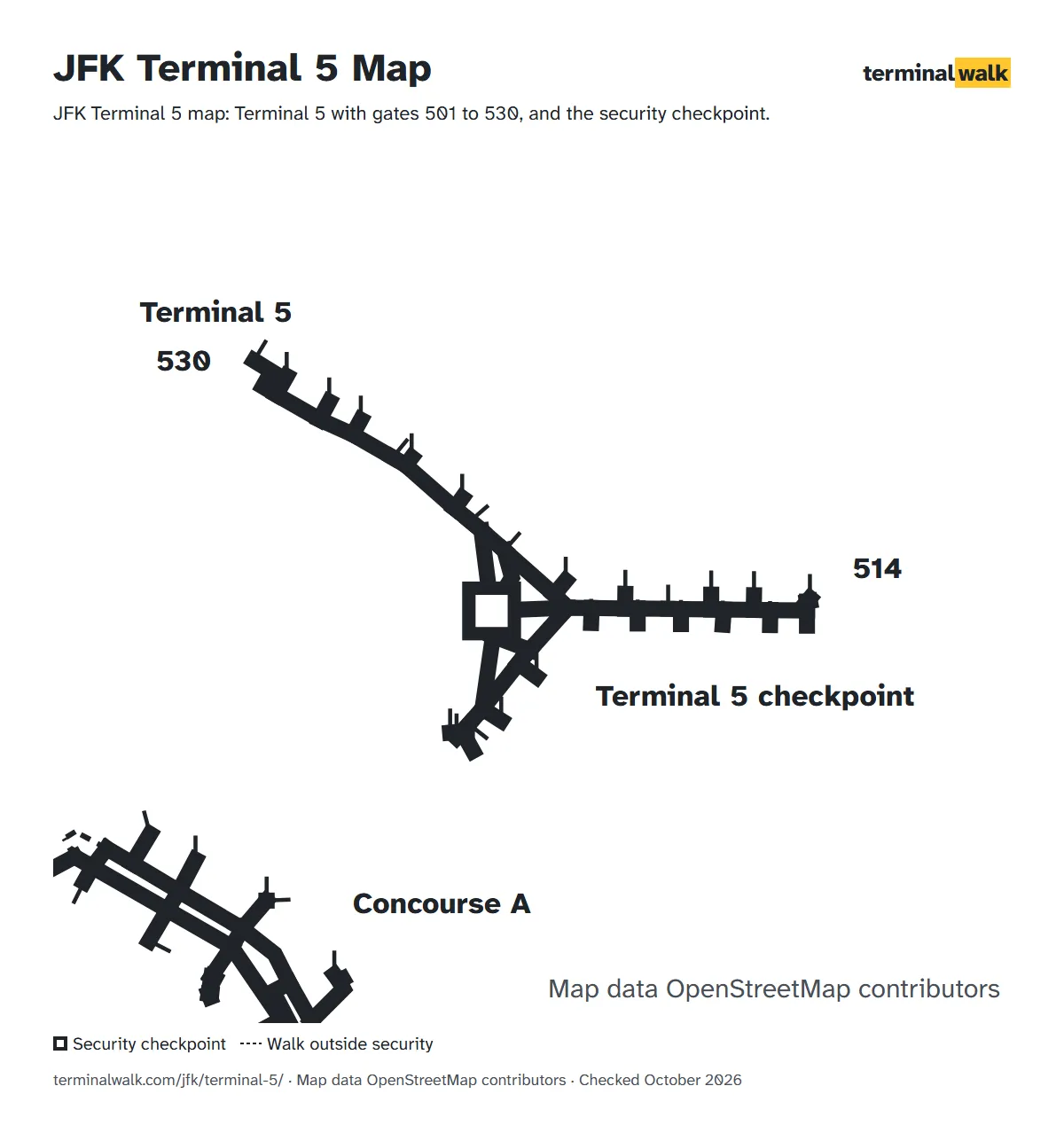 JFK Terminal 5 map: Terminal 5 with gates 501 to 530, and the security checkpoint.