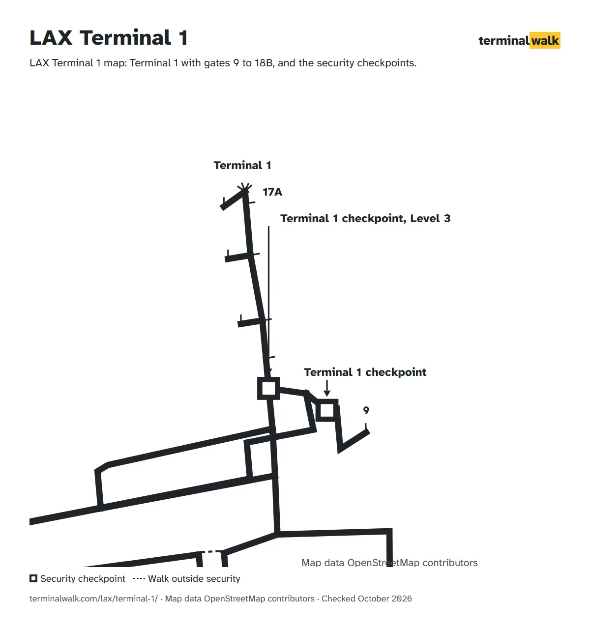 LAX Terminal 1 map: Terminal 1 with gates 9 to 18B, and the security checkpoints.