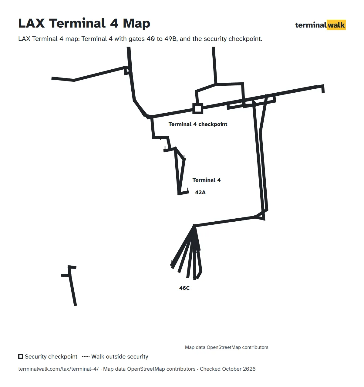 LAX Terminal 4 map: Terminal 4 with gates 40 to 49B, and the security checkpoint.
