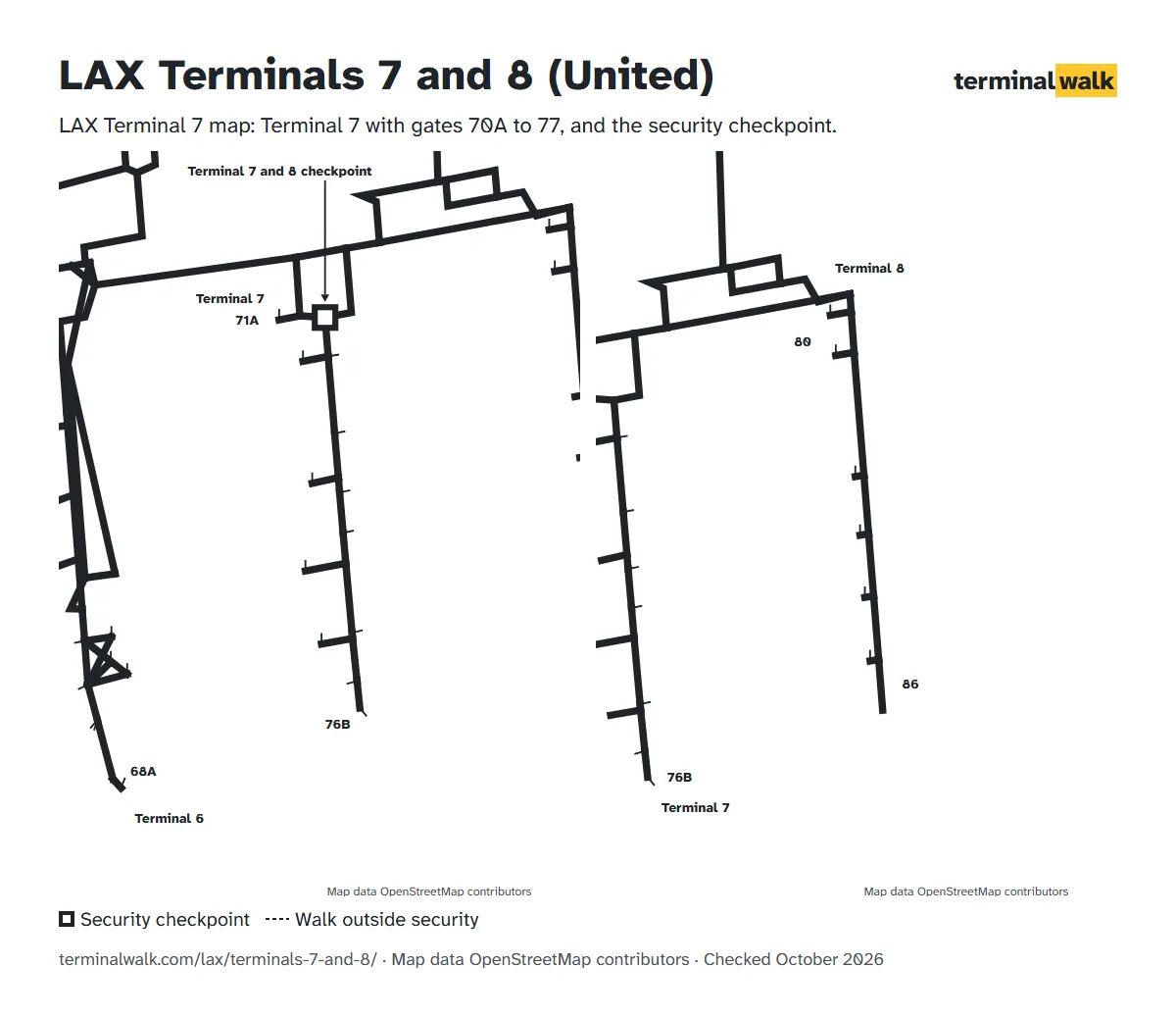 LAX Terminal 7 map: Terminal 7 with gates 70A to 77, and the security checkpoint.