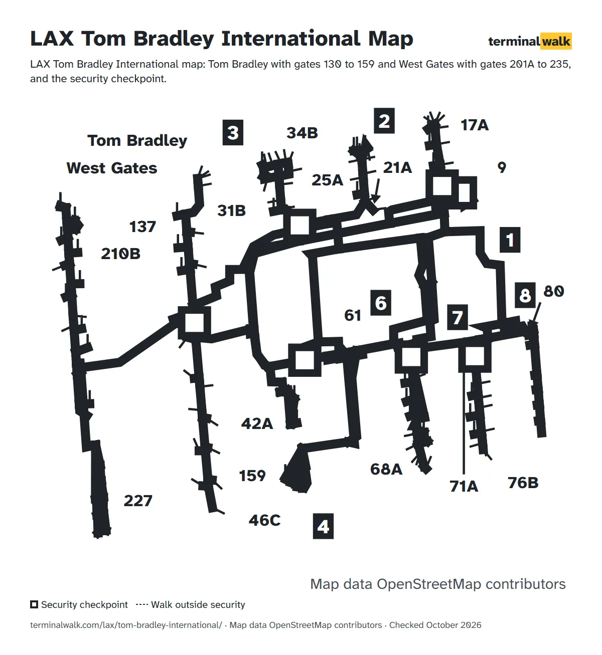 LAX Tom Bradley International map: Tom Bradley with gates 130 to 159 and West Gates with gates 201A to 235, and the security checkpoint.