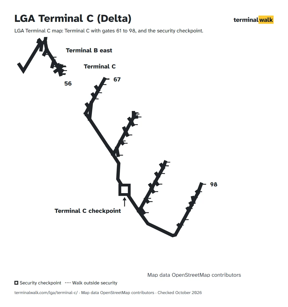 LGA Terminal C map: Terminal C with gates 61 to 98, and the security checkpoint.