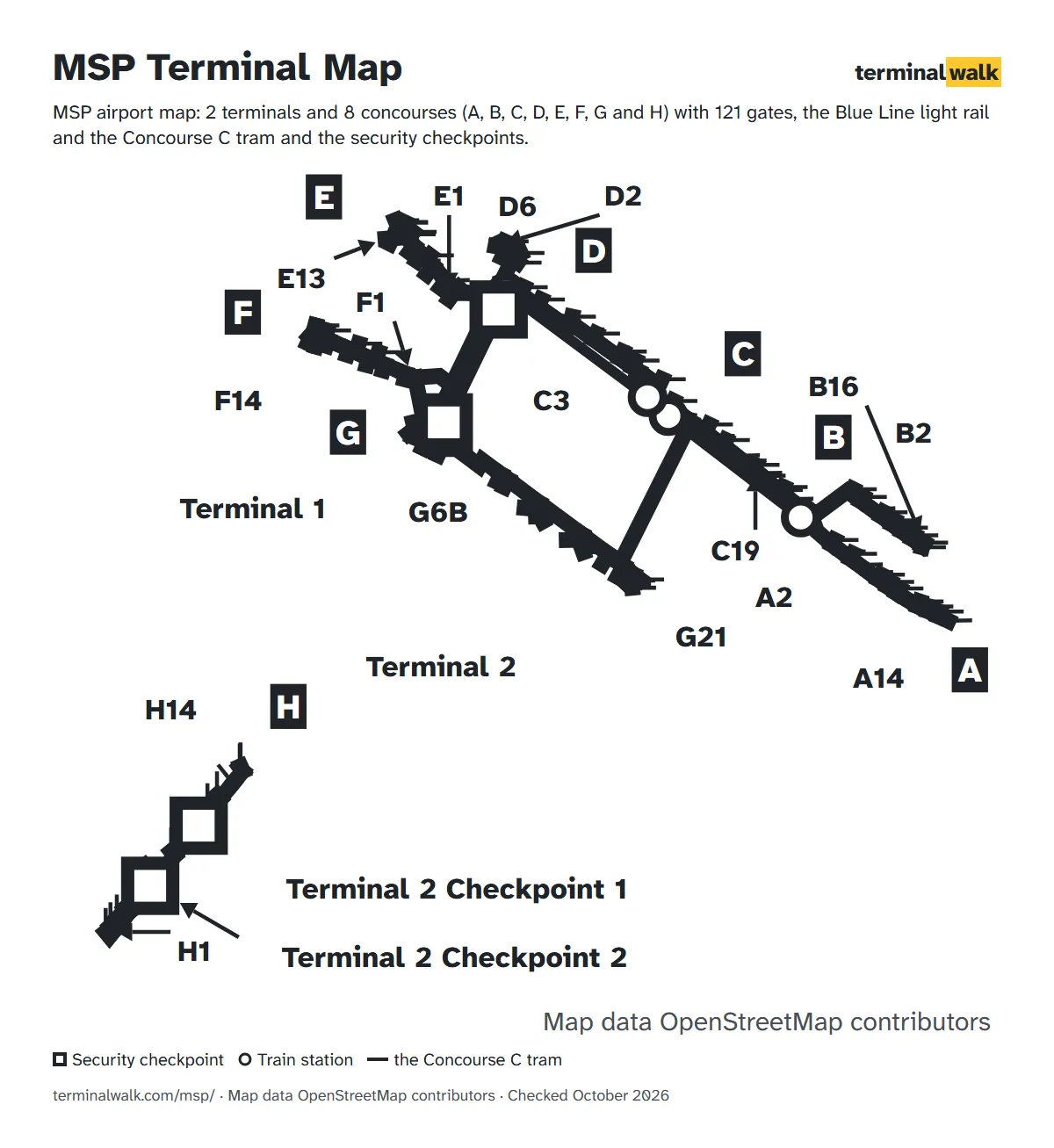 MSP airport map: 2 terminals and 8 concourses (A, B, C, D, E, F, G and H) with 121 gates, the Blue Line light rail and the Concourse C tram and the security checkpoints.