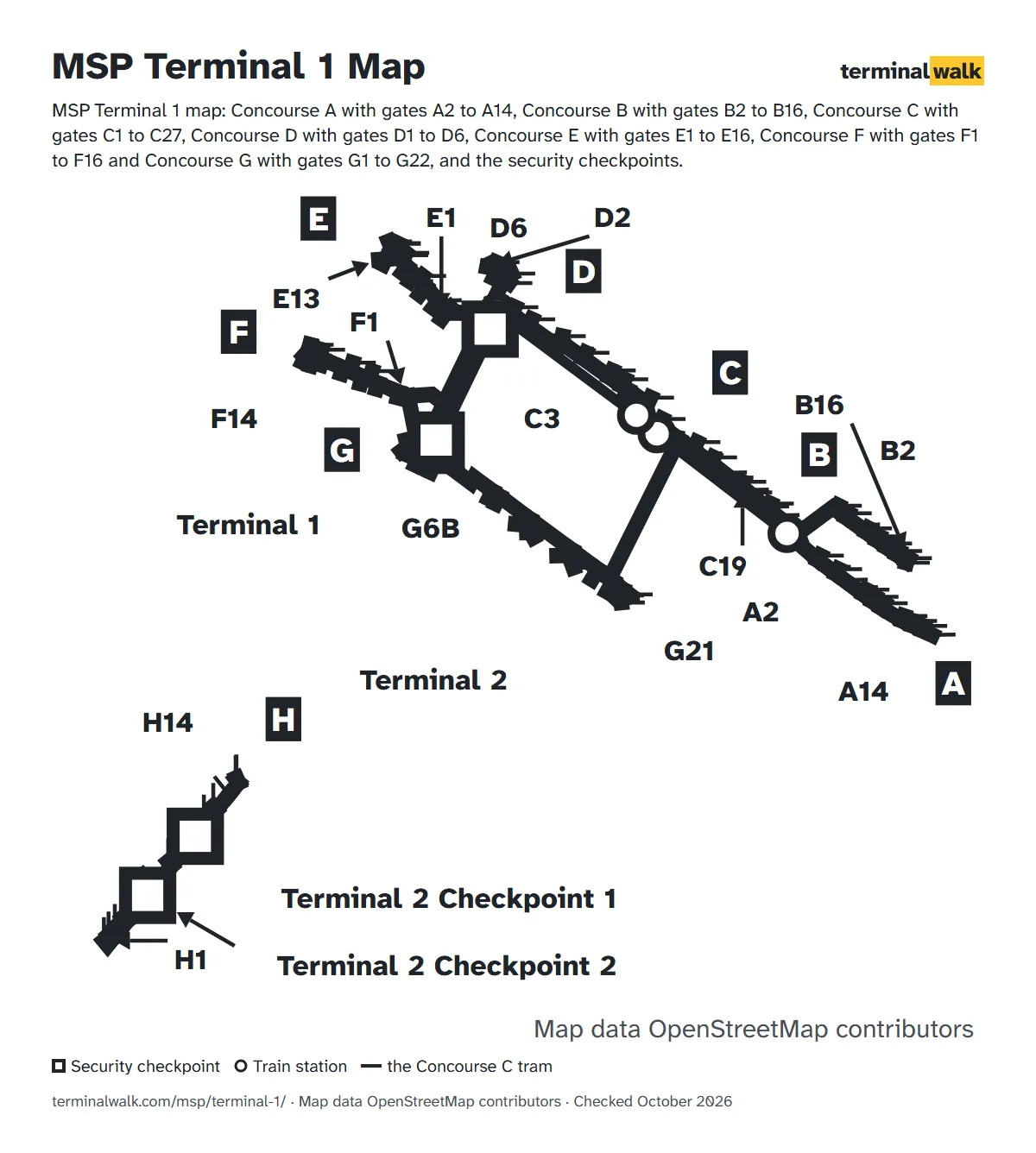 MSP Terminal 1 map: Concourse A with gates A2 to A14, Concourse B with gates B2 to B16, Concourse C with gates C1 to C27, Concourse D with gates D1 to D6, Concourse E with gates E1 to E16, Concourse F with gates F1 to F16 and Concourse G with gates G1 to G22, and the security checkpoints.