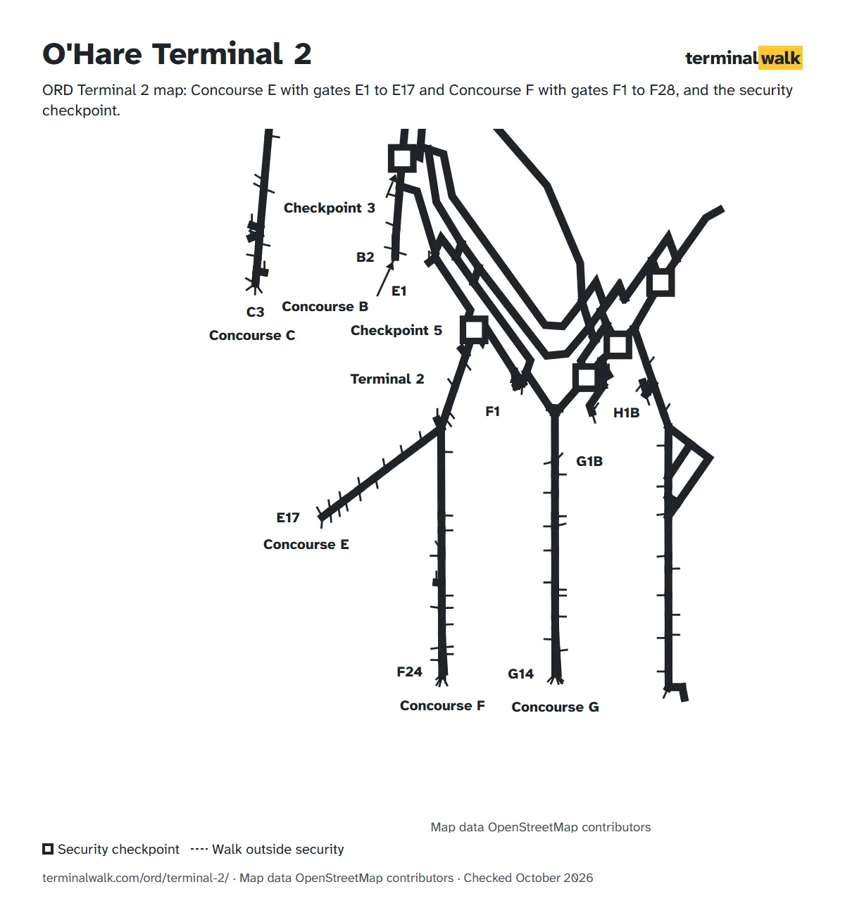 ORD Terminal 2 map: Concourse E with gates E1 to E17 and Concourse F with gates F1 to F28, and the security checkpoint.