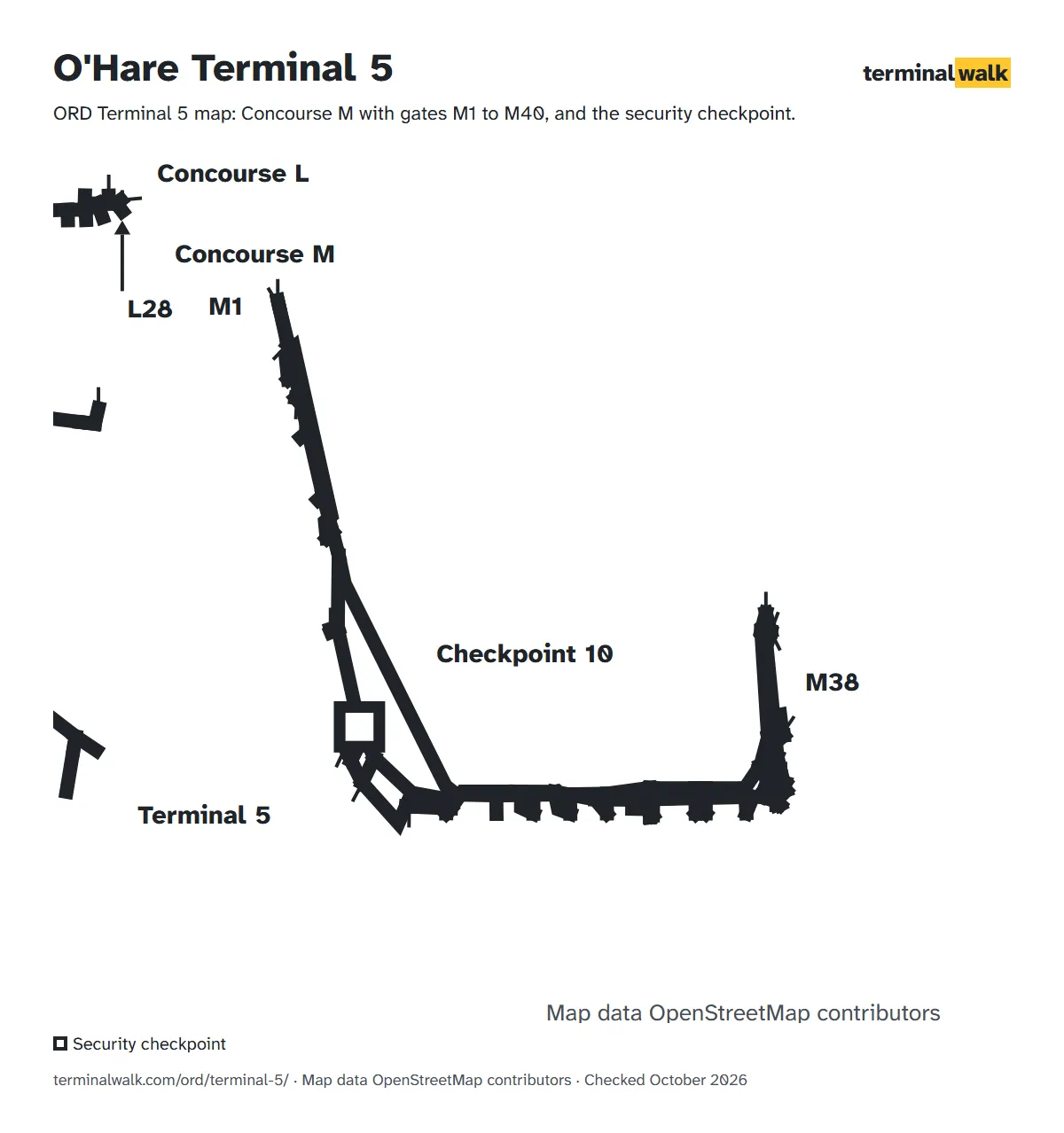 ORD Terminal 5 map: Concourse M with gates M1 to M40, and the security checkpoint.