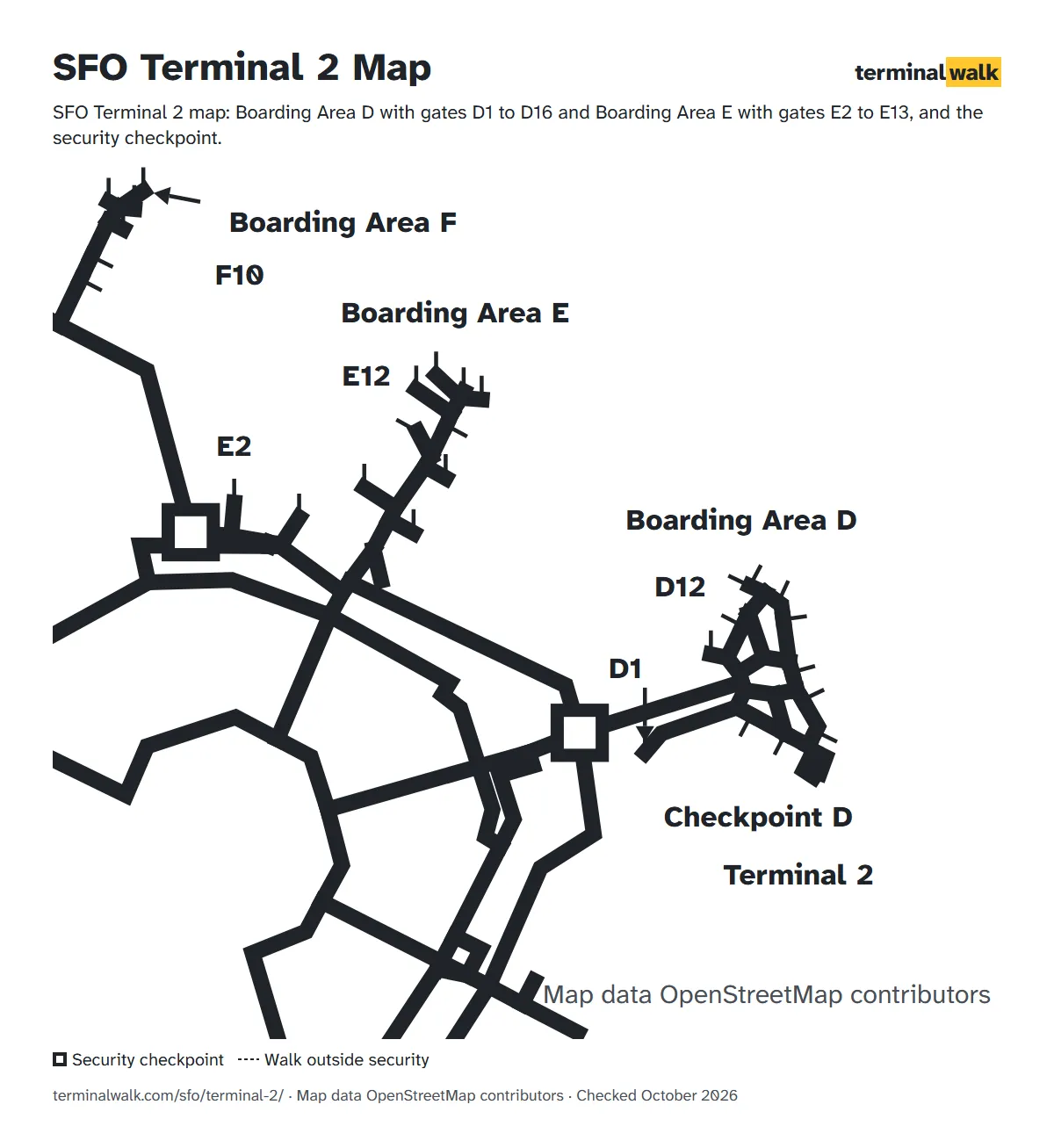 SFO Terminal 2 map: Boarding Area D with gates D1 to D16 and Boarding Area E with gates E2 to E13, and the security checkpoint.